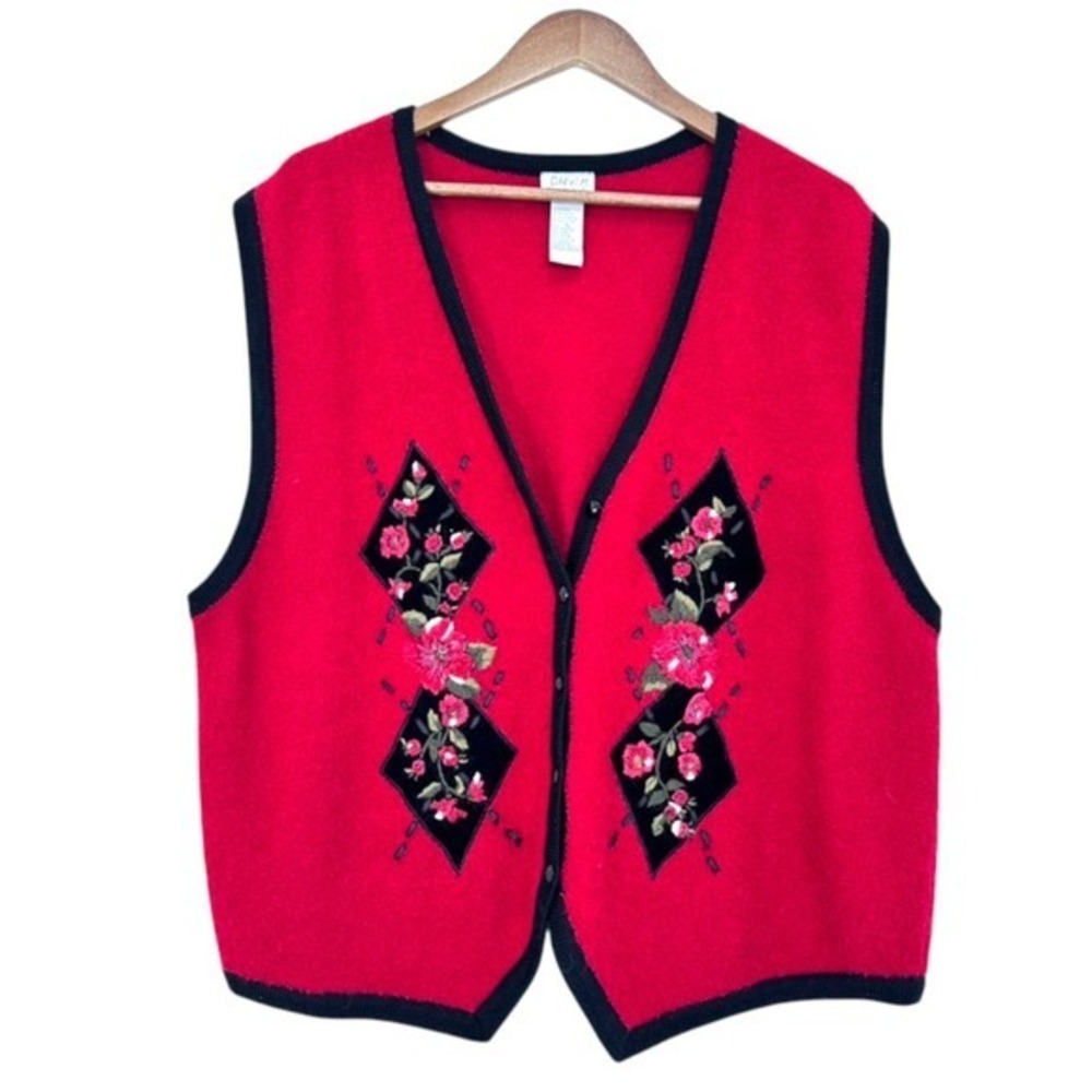 Vintage‎ Sweater Vest Red Black Floral Cottagecore Grannycore Ugly Christmas XL